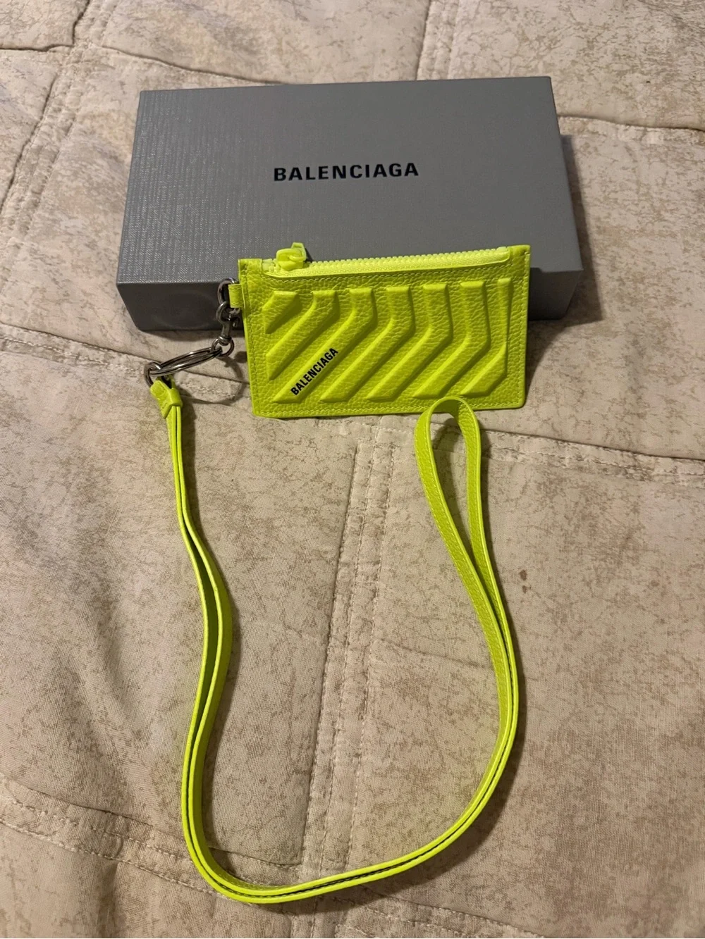 Balenciaga Neon Yellow Card Holder with Lanyard